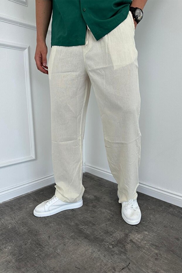Men's Baggy Loose Fit Elastic Waist Ecru Crinkled Fabric Trousers