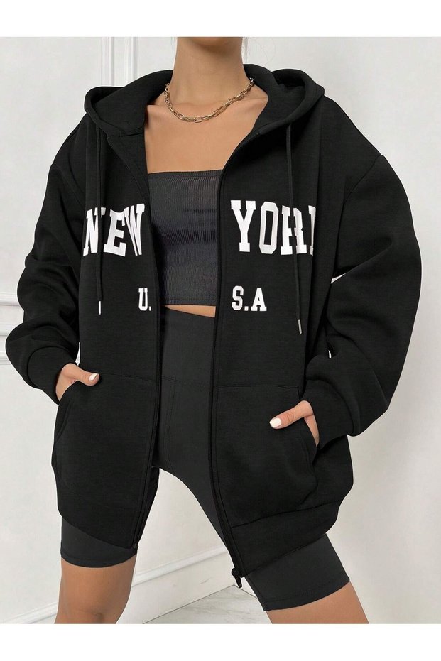 New York U.S.A Text Sweatshirt Zippered Cardigan - Black Printed Oversize Pocket Winter Hoodie