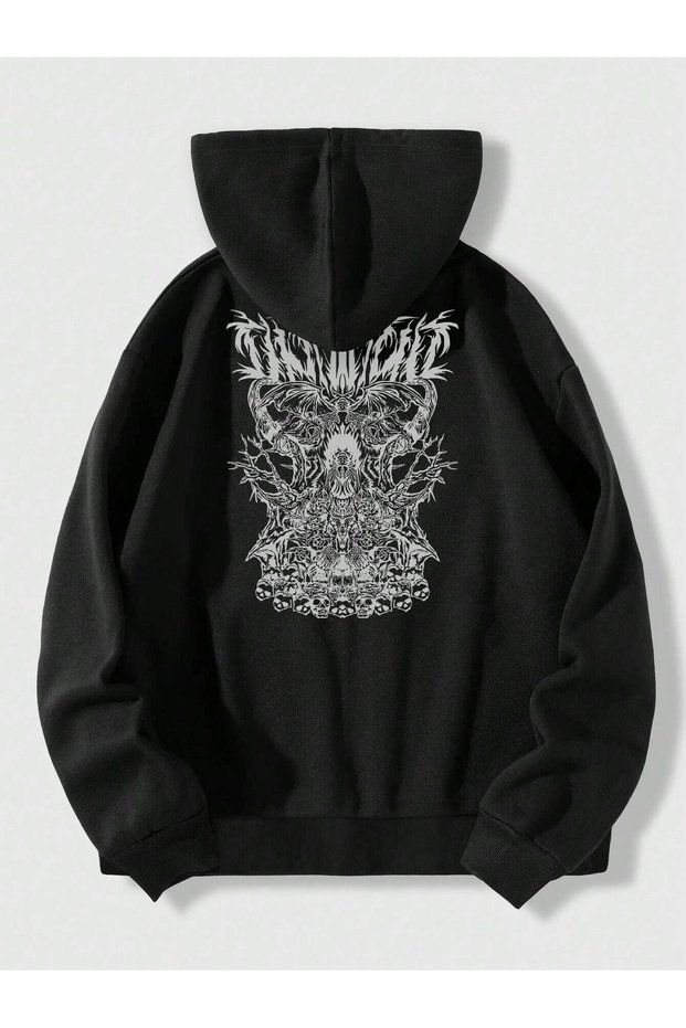 Skull Design Sweatshirt Zippered Cardigan - Black Printed Oversize Pocket Winter Hoodie