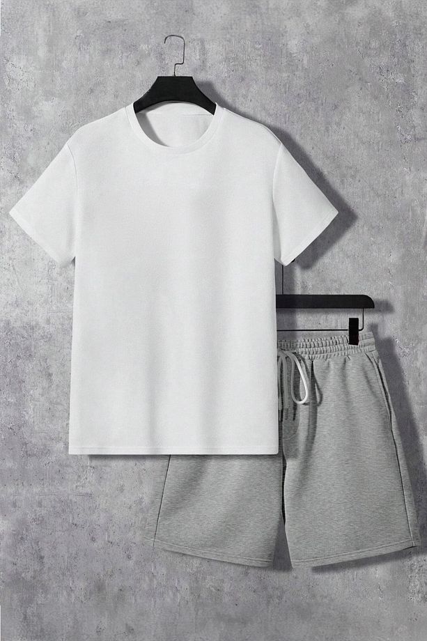 Basic Düz  T-Shirt Şort -  Beyaz Gri Şortlu Tişört Alt Üst Takım Bisiklet Yaka - 1