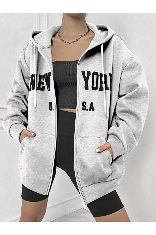 New York U.S.A Text Sweatshirt Zippered Cardigan - Gray Printed Oversize Pocket Winter Hoodie