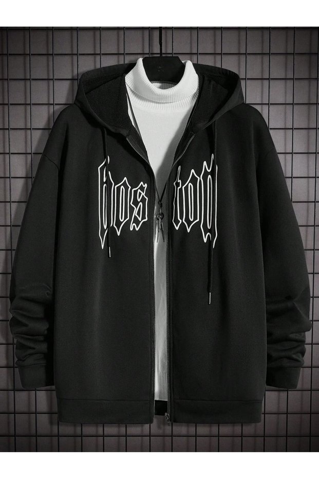 Boston Design Sweatshirt Zippered Cardigan - Black Printed Oversize Pocket Winter Hoodie