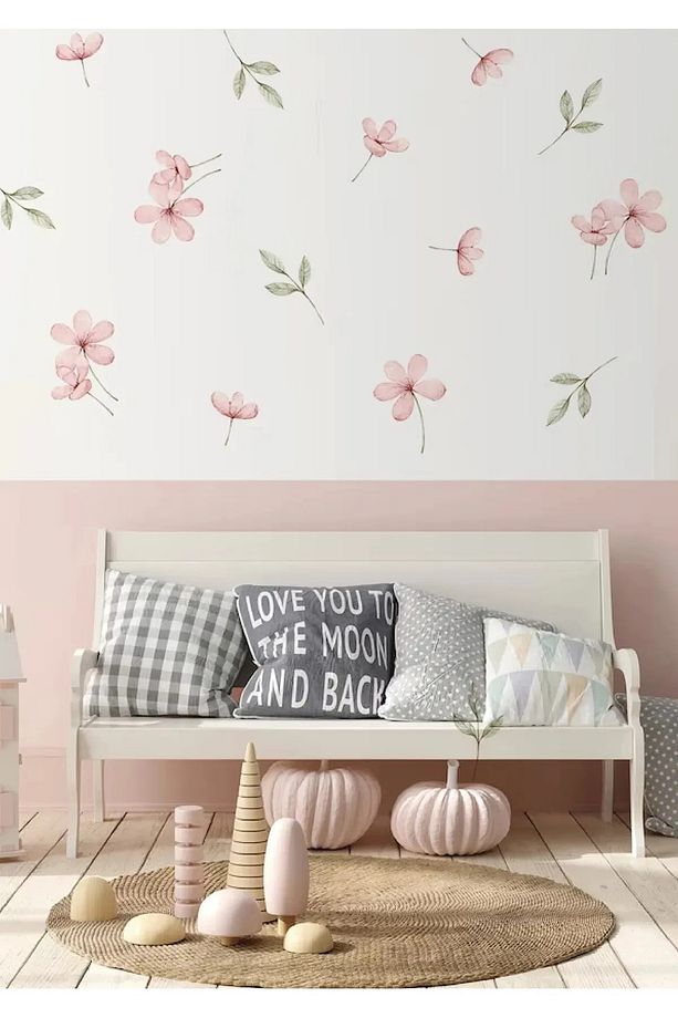 Pembe Çayır Çiçekleri Ve Yapraklar Duvar Sticker - 1