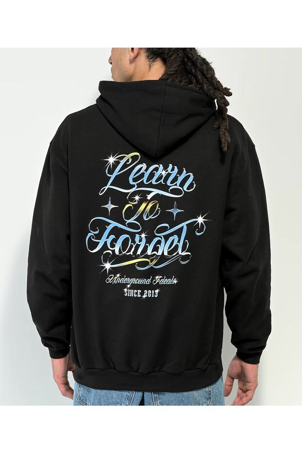 Learn to Forget Sweatshirt Zippered Cardigan - Black Printed Oversize Winter Hoodie with Pockets