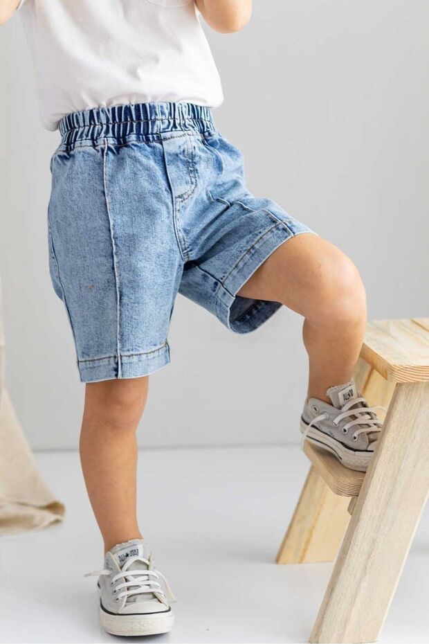 Light Blue Boys' Denim Shorts with Stripe Stitching Detail on the Front and Elastic Waist
