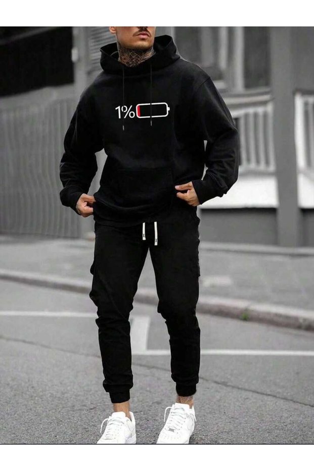 1% Charge Combination Lower Upper Tracksuit Set - Black Printed Oversize Rubber Leg Hoodie