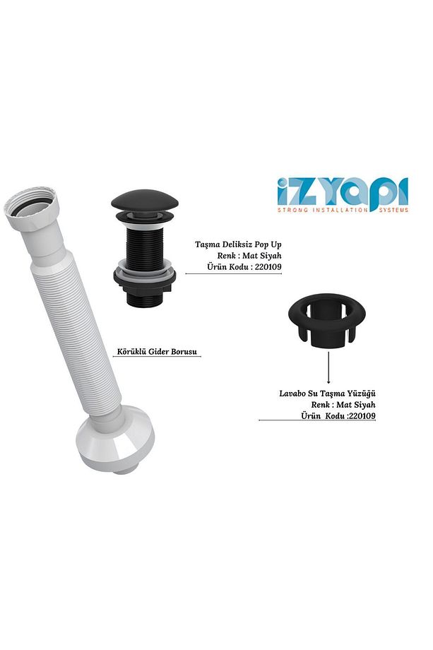 Felix Pop Up Mat Siyah , Körüklü Gider Borusu , Lavabo Taşma Yüzüğü Mat Siyah (3'lü Set) - 1