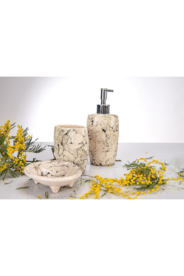 Red Seramik No5 Collection Marble Patterned 3-Piece Bathroom Set