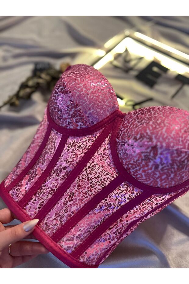 Fuşya Pullu Payetli Korse Büstiyer Model-S - 4