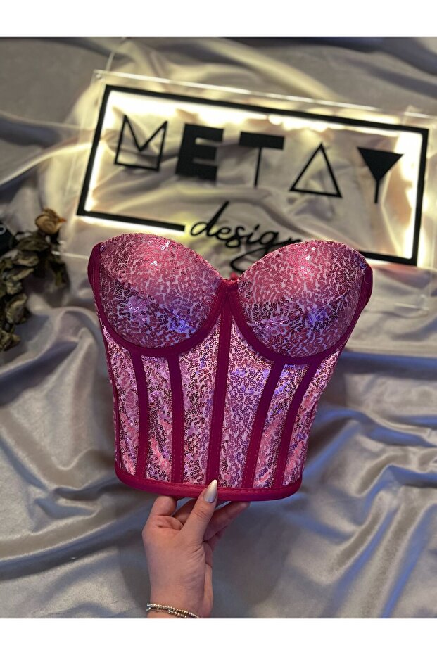 Fuşya Pullu Payetli Korse Büstiyer Model-S - 3