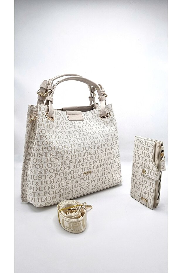 Women's Cream Braided 5-Compartment Shoulder Bag and Wallet Combination