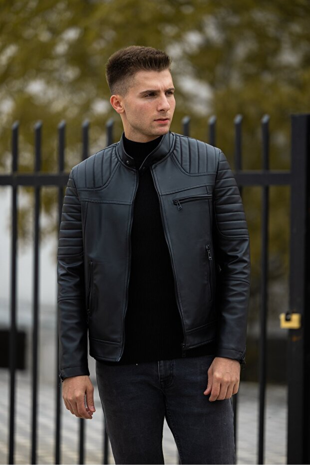 Men's Leather Jacket - Shoulder Detailed Coat