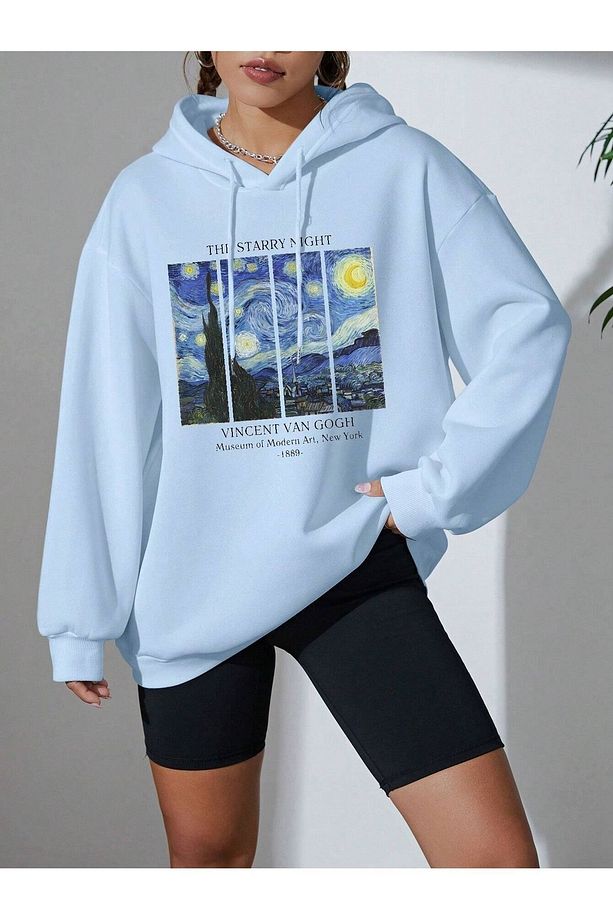 Yıldızlı Gece Kalın Kışlık Sweatshirt - Bebe Mavisi Baskılı Oversize Şardonlu Kapüşonlu - 6