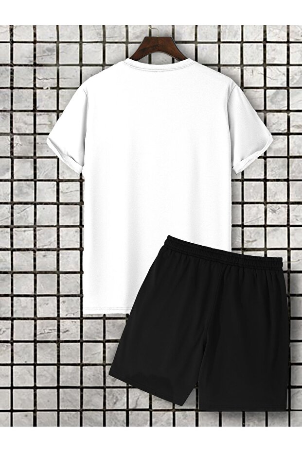 تي شيرت وشورت بشعار UFO باللون الأبيض والأسود - طقم تي شيرت وشورت مطبوع برقبة دائرية - 2