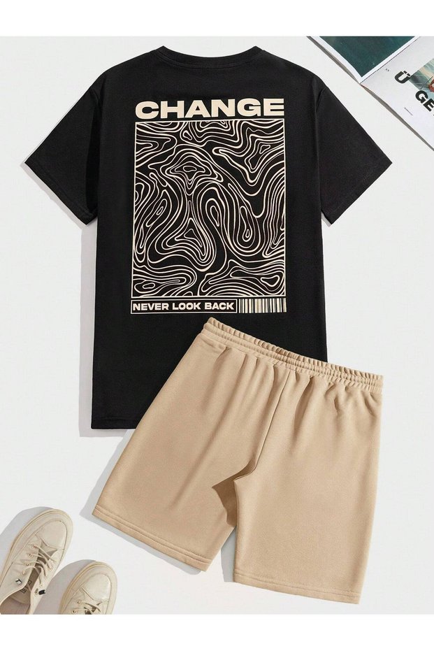 Change Patterned T-Shirt Shorts - Black Beige Two-Piece Shorts T-Shirt Outfit Printed Crew Neck