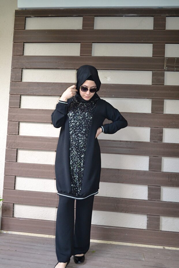 Black Hijab Tracksuit Set with Silver Sequin Detail