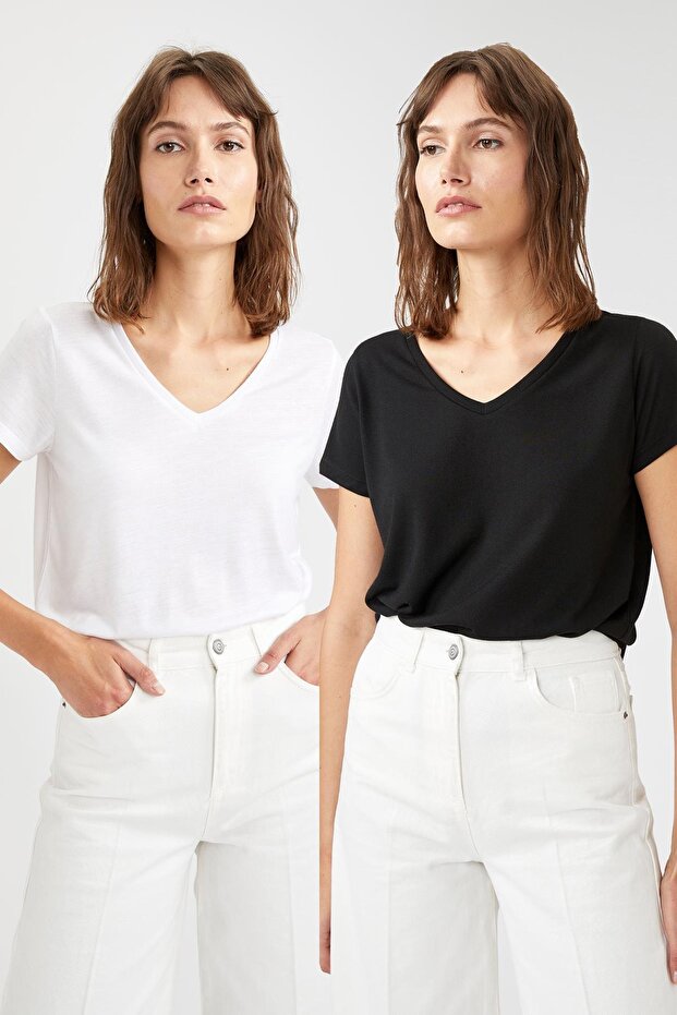 V Yaka Regular Fit Basic Kısa Kollu 2'li Tişört - 1