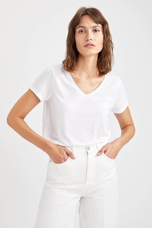 V Yaka Regular Fit Basic Kısa Kollu 2'li Tişört - 2