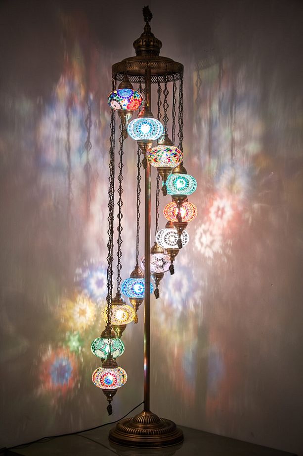 El Yapımı Otantik Boho Etnik Mozaik Renkli Cam Lambader Taban Lambası, 11 Camlı, 2.1 Metre - 2