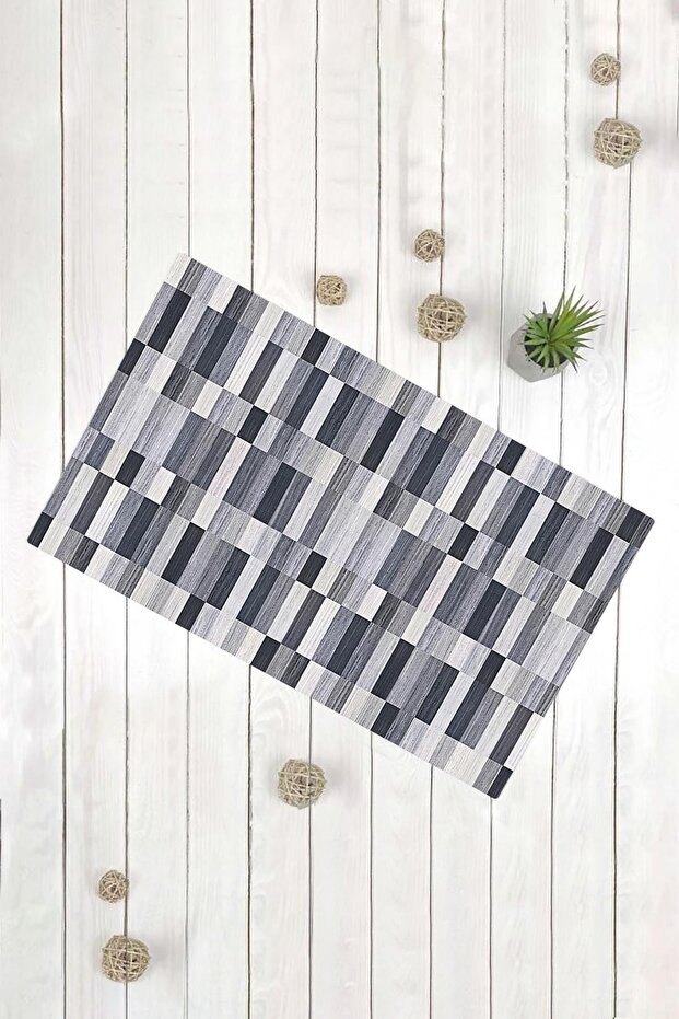 سجادة باب مزخرفة متعددة الأغراض بنمط مخطط باللون الرمادي والأبيض - 1