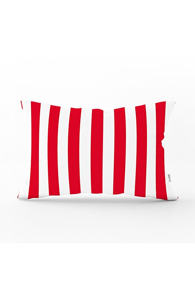 Red and White Straight Line Design Digital Printed Decorative Rectangular Throw Pillow Cover