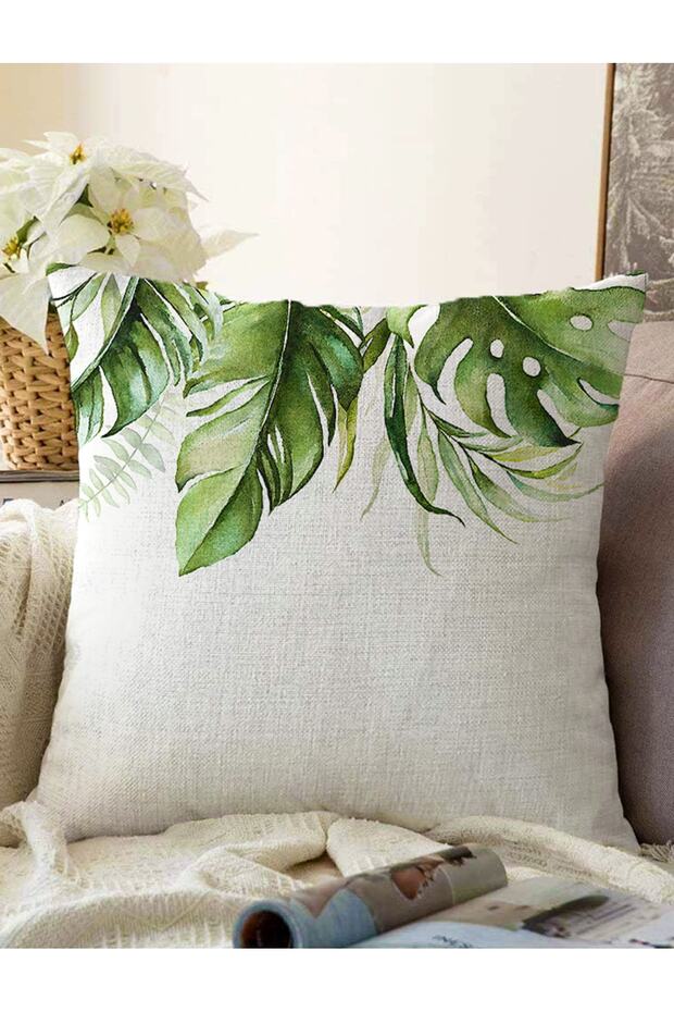 Green Tropical Leaf Motif Digital Printed Modern Raschel Knitted Pillow Throw Pillow Cover