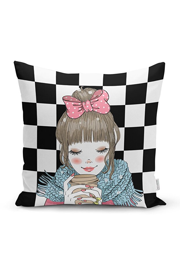 Checkerboard Floor Coffee Drinking Girl Motif Digital Printed Decorative Pillow Throw Pillow Cover