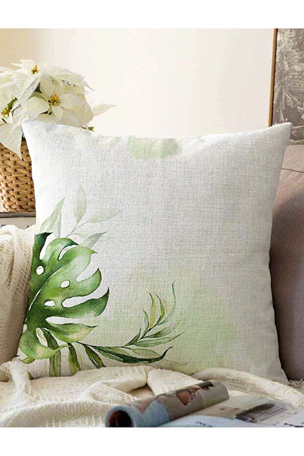 Green Tropical Leaf Motif Digital Printed Decorative Raschel Knitted Pillow Throw Pillow Cover
