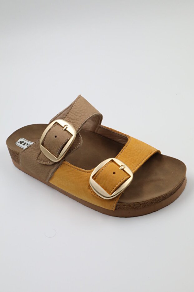 6104 Mink Mustard Genuine Leather Suede Women's Slippers