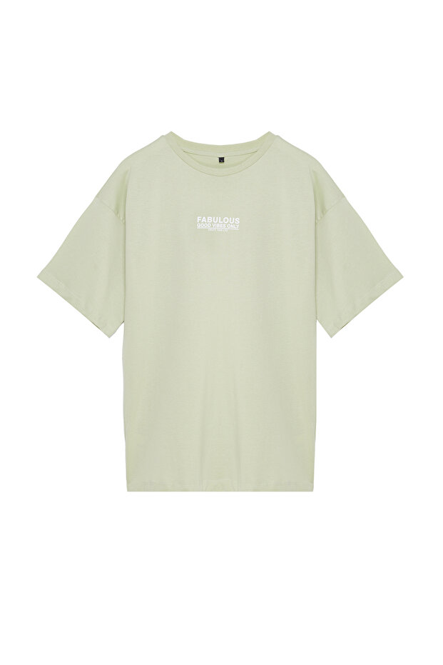 Mint %100 Pamuk Sırt ve Ön Baskılı Oversize/Geniş Kesim Örme T-Shirt TWOSS24TS00183 - 7