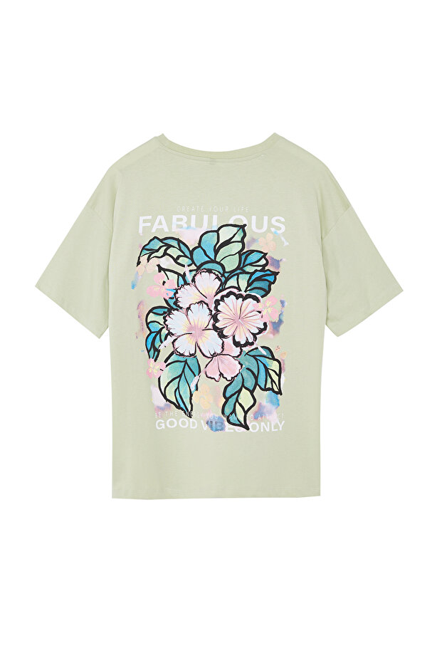Mint %100 Pamuk Sırt ve Ön Baskılı Oversize/Geniş Kesim Örme T-Shirt TWOSS24TS00183 - 6