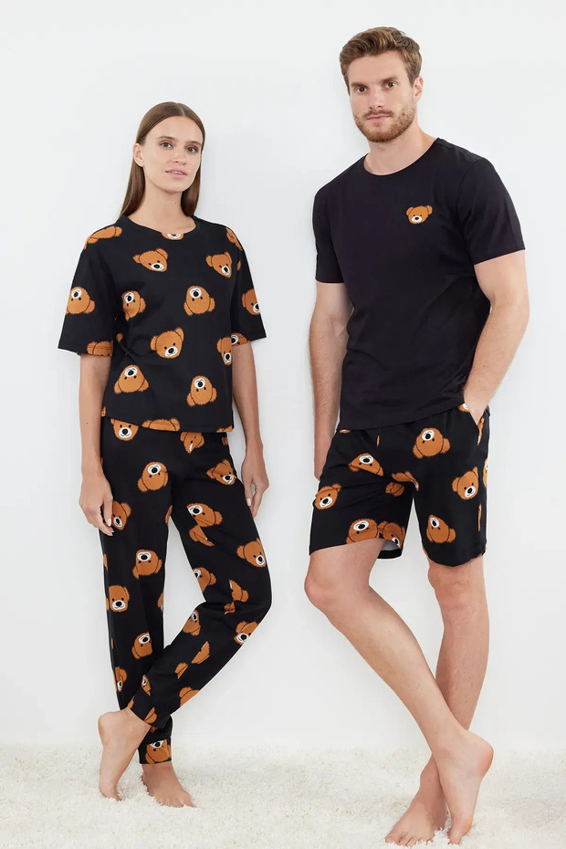 Kadın Couple/Çift Siyah %100 Pamuklu Ayıcıklı Örme Pijama Takımı THMSS21PT0195 - 1