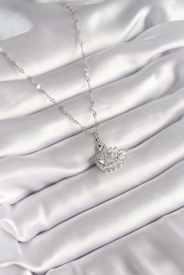 Silver Color Chain Zircon Stone Swan Model Women's Necklace (316L Steel)
