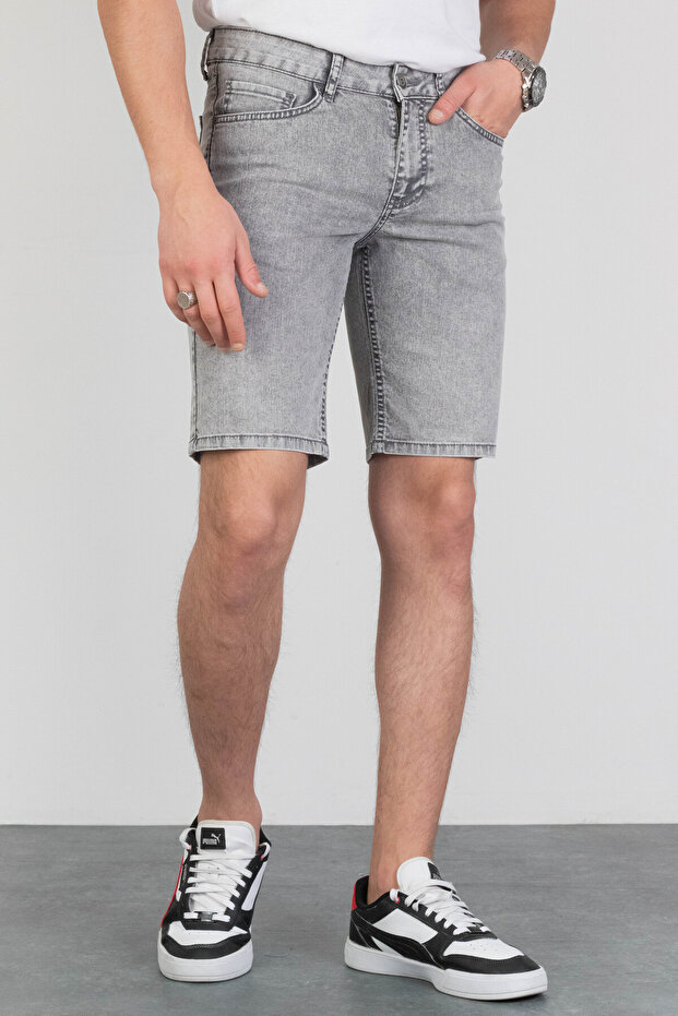 Men's Snow Wash Grinding Relaxed Fit Flexible Lycra Grey Jeans Jean Shorts Hlthe 001961