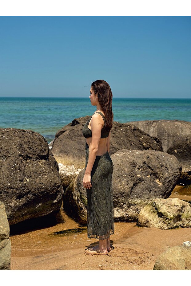 Bel Dekolteli Haki Dantel Midi Elbise - 3