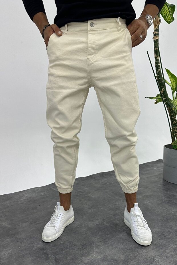 Men's Elastic Lycra Beige Denim Trousers