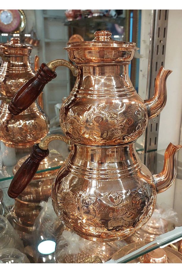 Bakır Çaydanlık El Işlemesi Çiçek Desenli Bakır Çaydanlık Büyük Aile Boy Bakır Demlik - 7
