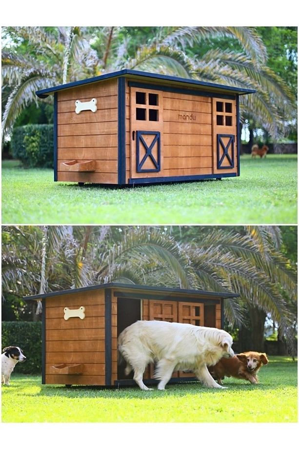 Ahşap Ikiz Köpek Kulübesi 2 Yuva Tek Kulübe Isimlik ve Mama Kabı - 3