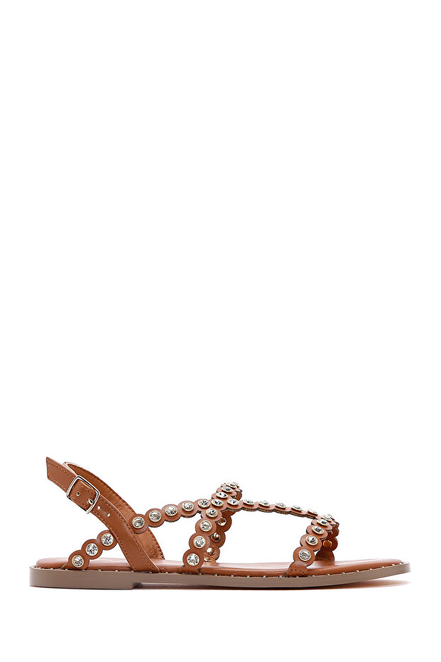 Tan Stone Detailed Women's Flat Sandals - 23sfd443614