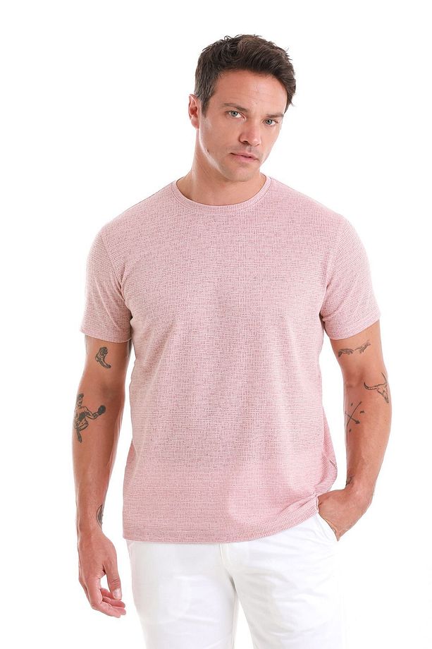Pembe Regular Fit Jakarlı Bisiklet Yaka Keten Tişört - 1