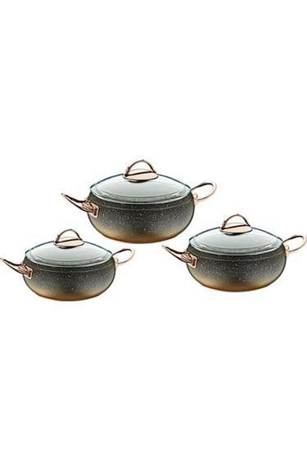 Granit Güveç Set 3lü Granit Mini Tencere Takımı Cam Kapaklı Bakır Renk - 1