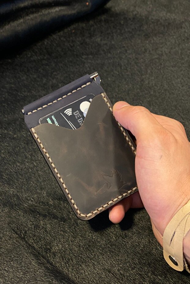 Money Clip Wallet Brown Navy Blue Genuine Leather Handmade Slim Card Holder