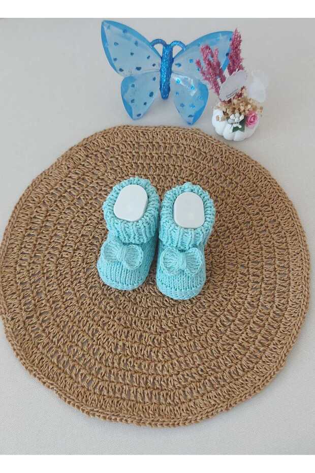 Water Green Newborn Gift Baby Hand Knitted Acrylic Wool Slippers Booties with Bow Birth Anniversary 0-6 Months