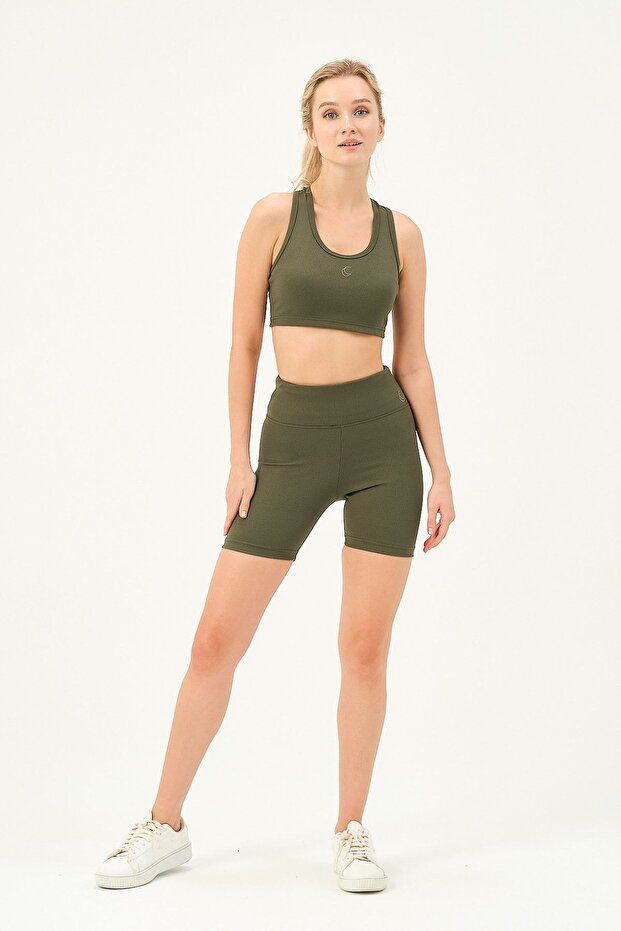 Khaki Ribbed High Waist Biker Tights