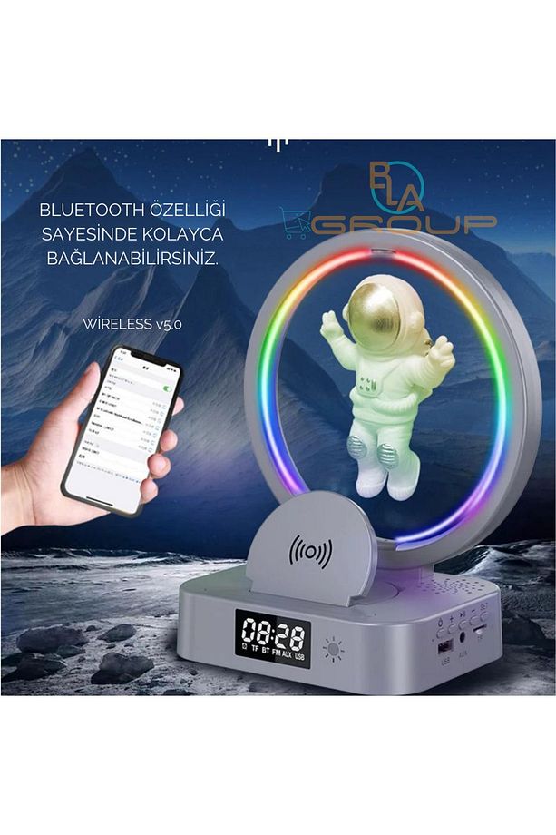 Çok Işlevli Astronot Rgb Atmosfer Lambası Çalar Saat Bluetooth Hoparlör - 5