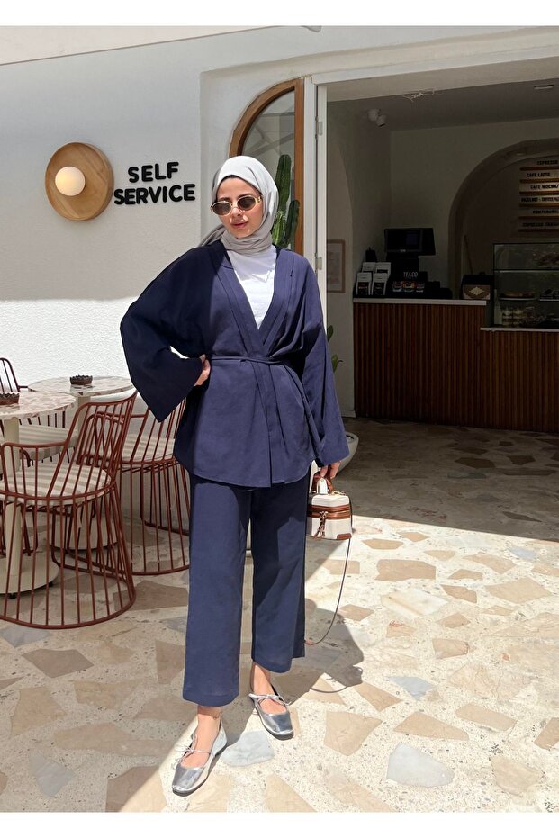 100% Cotton Navy Blue Detailed Side Tie Linen Fabric Kimono Set