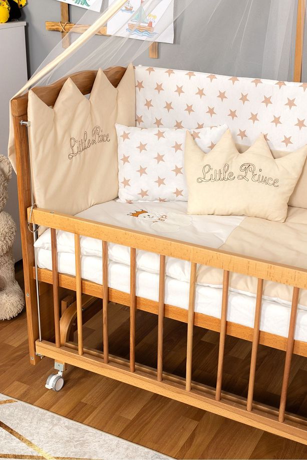 Ahşap Beşik Anne Yanı Beşik Doğal (VERNİKLİ) 60x120 Krem Prens Uyku Seti Yatak Tekerlekli - 4