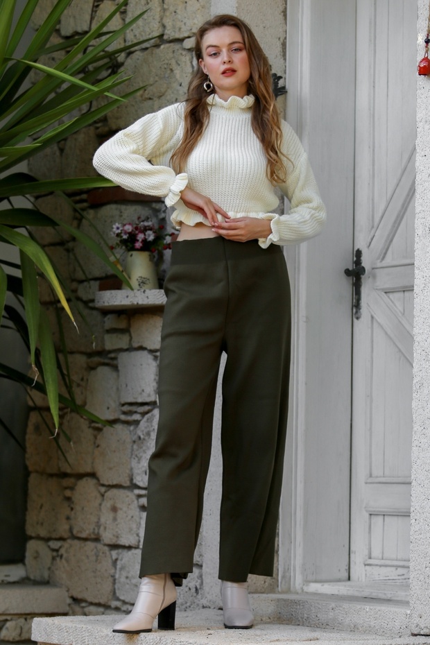 Koyu Yeşil Triko Geniş Paça Yün Pantolon - 4