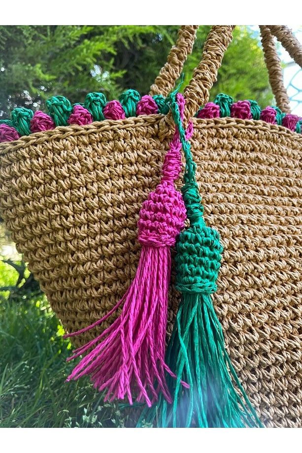 Kağıt Ip Kroşe Örgü Shopper El-omuz Çantası, Hasır ,pembe Yeşil Detaylı, Tote Günlük Çanta - 1