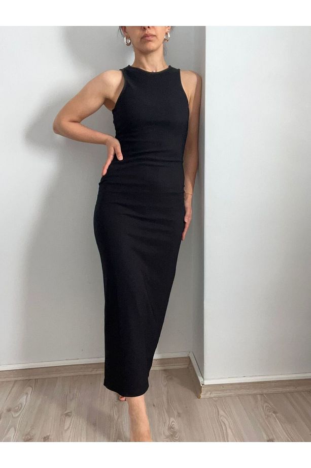 Bisiklet Yaka Yırtmaç Detaylı Vücuda oturan Kolsuz Yazlık Elbise-L - Siyah - 3